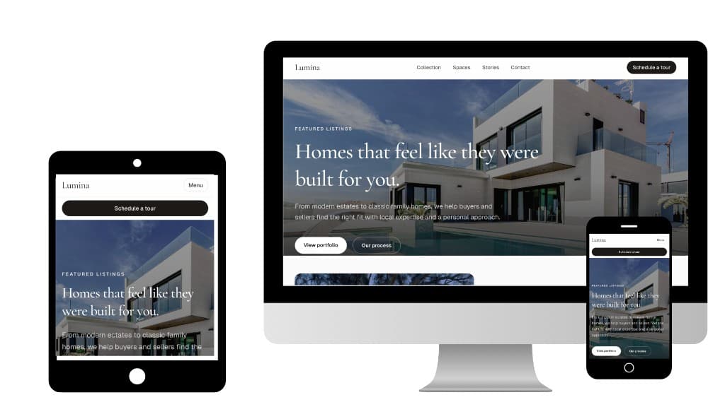 Theseus Creative responsive real estate website design shown on desktop, tablet, and mobile